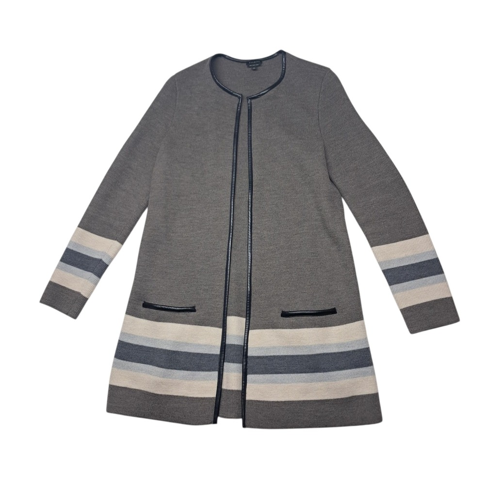 Talbots Cardigan Sweater Womens Medium Gray Pure Merino Wool Striped Wool Career